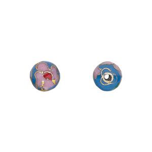 Bead, cloisonné, enamel and gold-finished copper, medium blue and multicolored, 8mm round with flower design. Sold per pkg of 10.