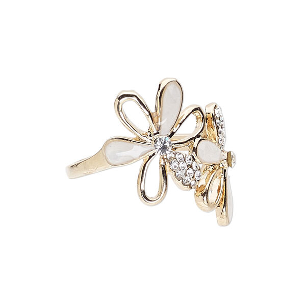 Ring, enamel / Czech glass rhinestone / gold-finished "pewter" (zinc-based alloy), white and clear, 20mm wide with 17x16mm flower, size 9. Sold individually. image number 0