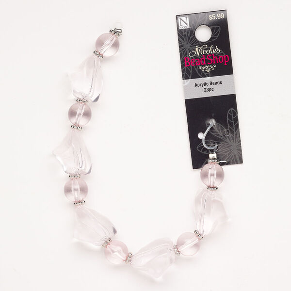 Bead acrylic 1pk 23x18mm freeform, CCB silver finish pink 8 inch image number 0