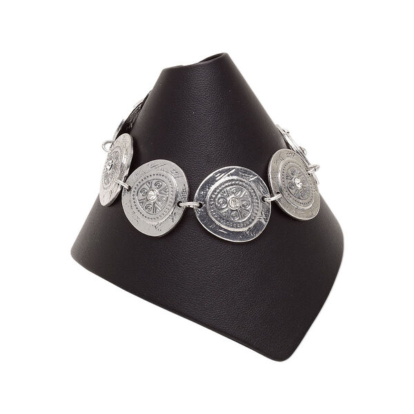 Bracelet, rhinestone with antique silver-plated steel and "pewter" (zinc-based alloy), clear, 26mm irregular flat round, 6-1/2 inches with 2-inch extender chain and lobster claw clasp. Sold individually. image number 0