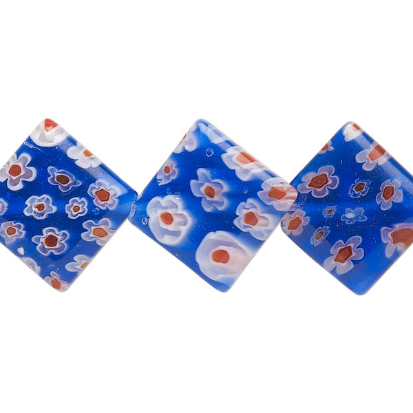 Bead, millefiori glass, translucent cobalt blue /  red / white, 17-19mm puffed diamond with flower design. Sold per 14-inch strand. image number 0