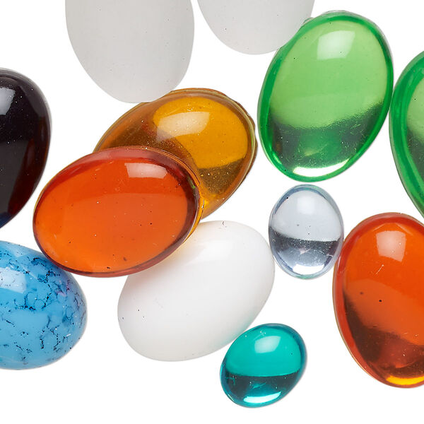 Cabochon mix, plastic, mixed colors, 8x6mm-25x18mm non-calibrated oval. Sold per 4-ounce pkg, approximately 135 pieces. image number 0