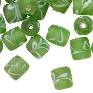 Bead, lampworked glass, translucent green and white, 11x9mm round tube with swirl design. Sold per 2-ounce pkg, approximately 40 beads.