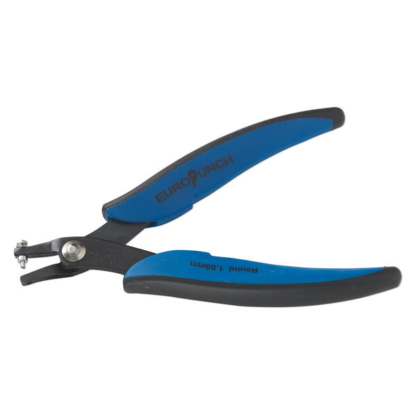 Hole punch pliers, EUROTOOL®, carbon steel and plastic, black and blue, 5-3/4 inches with 1.8mm round hole. Sold individually. image number 0