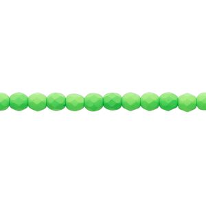 Bead, Preciosa, Czech painted fire-polished glass, matte neon green, 4mm faceted round. Sold per 8-inch strand, approximately 50 beads.