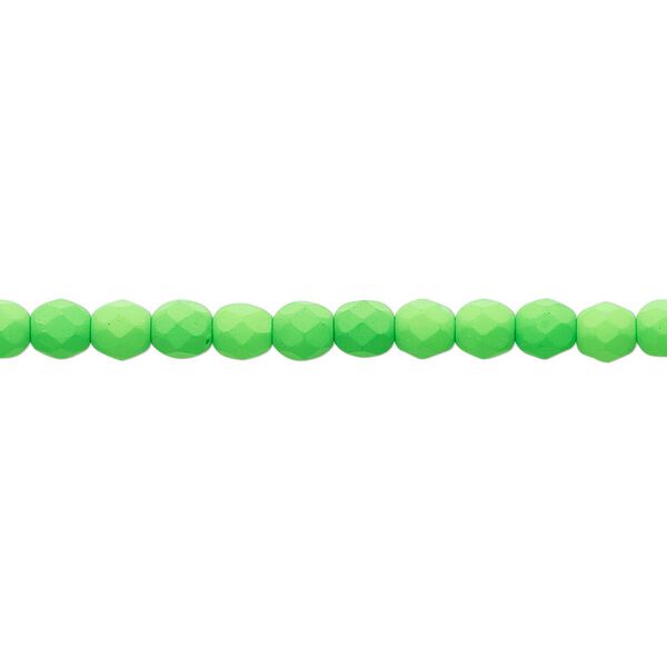 Bead, Preciosa, Czech painted fire-polished glass, matte neon green, 4mm faceted round. Sold per 8-inch strand, approximately 50 beads. image number 0