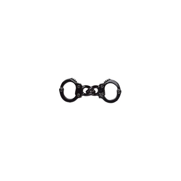 Link, enamel and pewter (tin-based alloy), black, 31.5x12mm 3D handcuff. Sold individually. image number 0