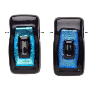 Bead, Paula Radke, dichroic glass, opaque blue / cobalt blue / black, 40x21mm-42x23mm top-drilled stacked rectangle. Sold individually.