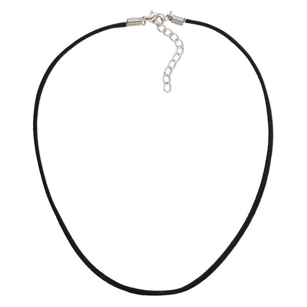 Necklace cord, velveteen / silver-plated steel / "pewter" (zinc-based alloy), black, 2.5-3mm wide, 16 inches with 3-inch extender chain and lobster claw clasp. Sold per pkg of 10. image number 0