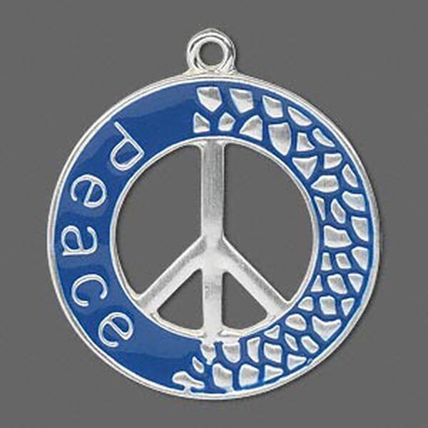 Focal, silver finish "pewter" (zinc-based alloy) and enamel, blue, 33mm round with single-sided peace symbol and "peace," 2.5mm loop. Sold per pkg of 2. image number 0
