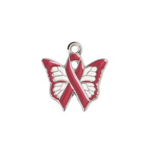 Charm 1pkg4, imitation rhodium-plated "pewter" (zinc alloy) / enamel, red / white, 19x17mm butterfly / awareness ribbon