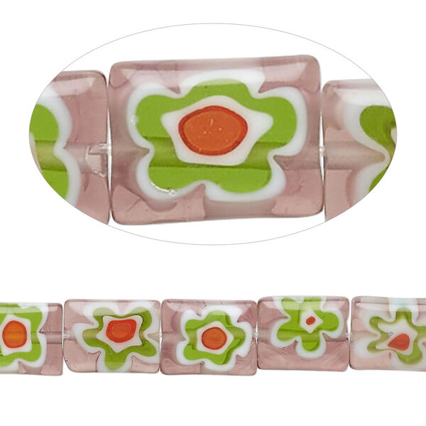 Bead, millefiori glass, translucent light purple / green / red / white, 10x8mm puffed rectangle with flower design. Sold per 14-inch strand. image number 0