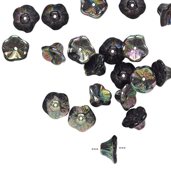 Bead, Preciosa, Czech pressed glass, opaque jet black half-coated vitrail, 7x4.5mm flower. Sold per pkg of 20. image number 0