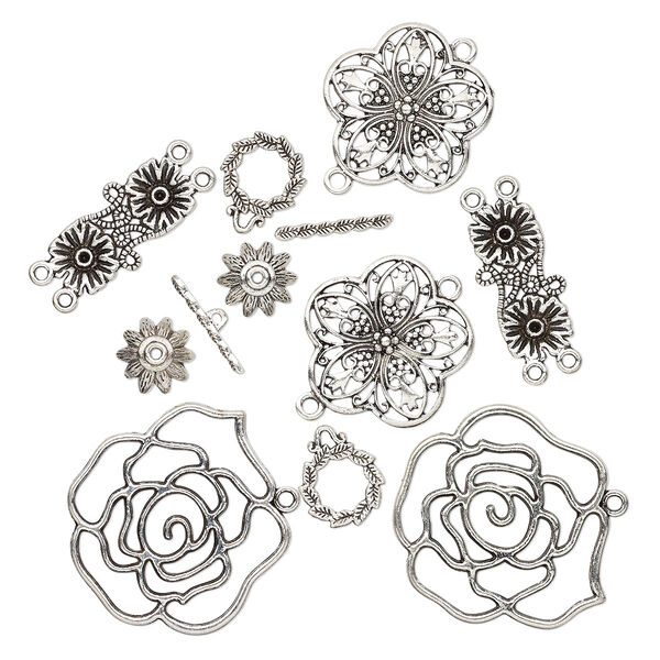 Component, antique silver-plated "pewter" (zinc-based alloy), 14x7mm-42x39mm assorted flower. Sold per pkg of 10. image number 0