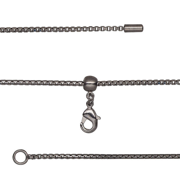 Chain, silicone and black-finished brass, 1.2mm box, adjustable from 16 to 23-1/2 inches with lobster claw clasp and adjustable slider bead. Sold individually. image number 0