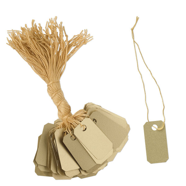 Tag, PVC plastic and cotton, gold, 1 x 1/2 inch. Sold per pkg of 100. image number 0