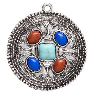 Focal, antique silver-finished "pewter" (zinc-based alloy) and "turquoise" (resin) (imitation), turquoise blue / dark blue / red, 38mm single-sided round. Sold per pkg of 2.