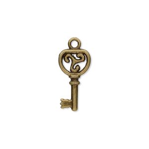 Charm, antique brass-plated "pewter" (zinc-based alloy), 18.5x9.5mm double-sided key with triskele design. Sold per pkg of 20.