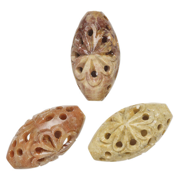 Soapstone 1pkg3, hand-cut carved oval bead natural, 40x22mm-41x23mm image number 0