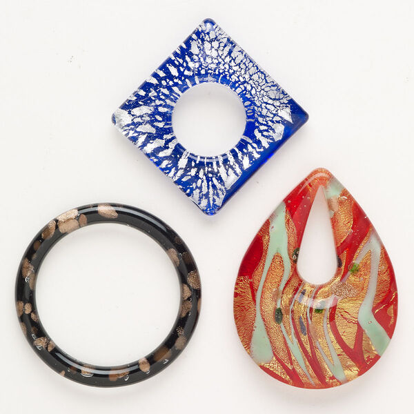 Random focal mix, lampworked glass, opaque mixed colors with silver-colored foil and copper-colored glitter, 28mm-55x48mm mixed-shape go-go. Sold per pkg of 3. image number 0