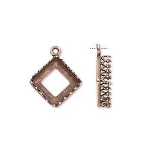 Drop, JBB Findings, antique copper-plated brass, 12mm square with open back and decorative trim with 10mm square bezel setting. Sold individually.