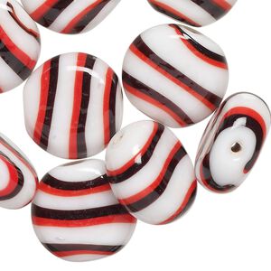 Bead, lampworked glass, opaque red / black / white, 17mm flat round. Sold per pkg of 10.