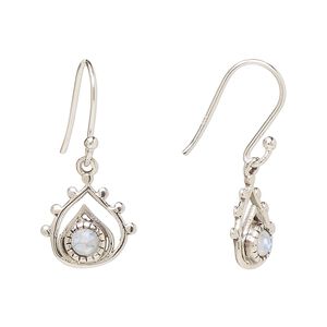 Earring, Create Compliments®, antiqued sterling silver and rainbow moonstone (natural), fishhook, 26.5mm with 13x12.5mm single-sided open teardrop, 21 gauge. Sold per pair.