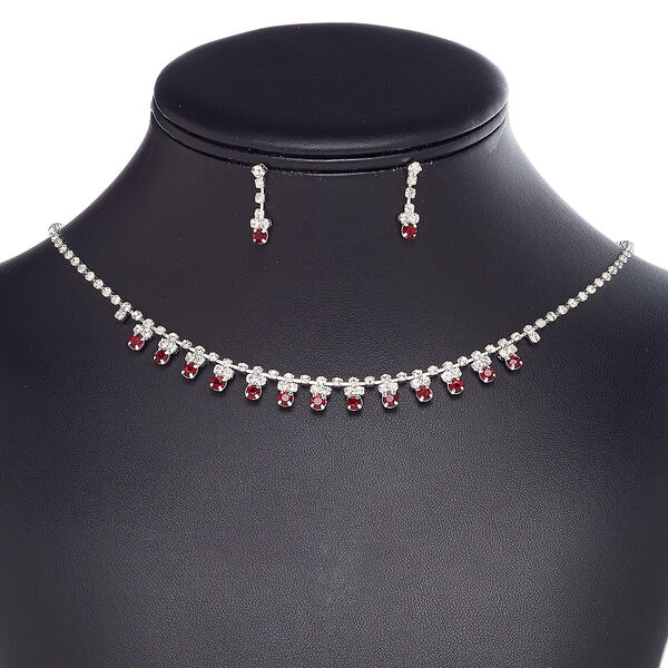 Necklace and earring set, glass rhinestone / plastic / imitation rhodium-plated brass / steel, dark red and clear, cupchain and round, 15" to 16" necklace with 3-inch extender chain and lobster claw clasp, 20mm earrings with post. Sold per set. image number 0