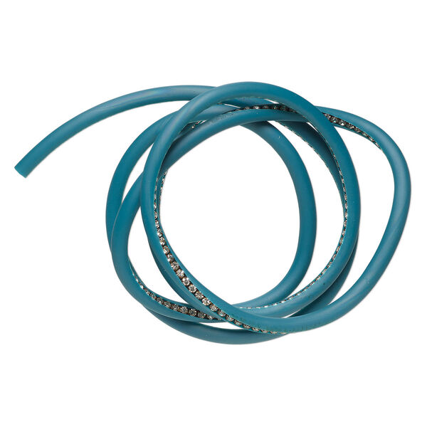 Cord, antique silver-finished brass / silicone / glass, teal and clear, 6mm round with embedded cupchain. Sold per pkge of 36 inches. image number 0