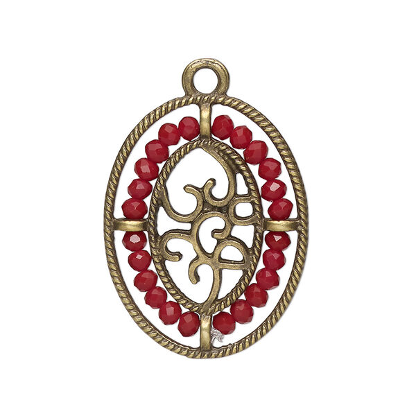 Drop, antique brass-finished "pewter" (zinc-based alloy), dark red, 28x21.5mm oval with hearts and beaded border. Sold per pkg of 2. image number 0
