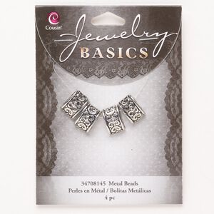 Bead, spacer, "pewter" (zinc-based alloy), pkg/4, antique silver finish, 12x8mm 2-strand half-oval, fits up to 6mm beads.
