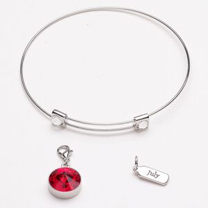 Bracelet and charm "pewter" zinc-based alloy steel 3pk 8-inch bangle, silver finish ruby