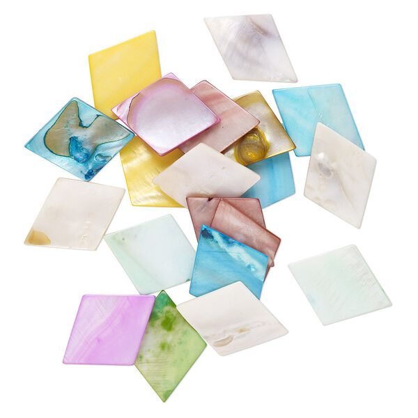 Focal mix, mother-of-pearl shell (bleached / dyed), multicolored, 35x25mm-36x27mm diamond, Mohs hardness 3-1/2. Sold per pkg of 20. image number 0