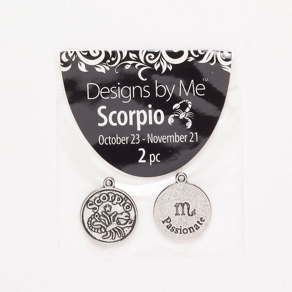 "Pewter" (zinc-based alloy) / enamel 1pkg2, 2-sided round charm / Scorpio / "Passionate" antique silver-finish / black 17mm image number 0