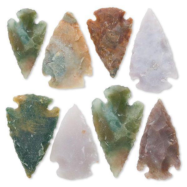 Focal, fancy jasper (natural), 25mm -38mm hand-knapped arrowhead, B- grade, Mohs hardness 6-1/2 to 7. Sold per pkg of 8. image number 0