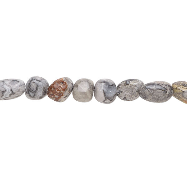 Bead, silver crazy lace agate (natural), small pebble, Mohs hardness 6-1/2 to 7. Sold per 8-inch strand, approximately 30 beads. image number 0