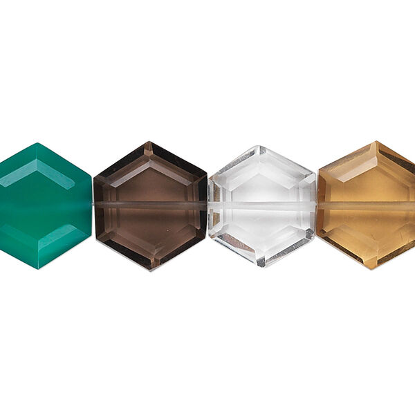 Bead, multi-quartz and green onyx (natural / heated / dyed / irradiated), 13x12mm hand-cut faceted hexagon, B grade, Mohs hardness 6-1/2 to 7. Sold per pkg of 10. image number 0