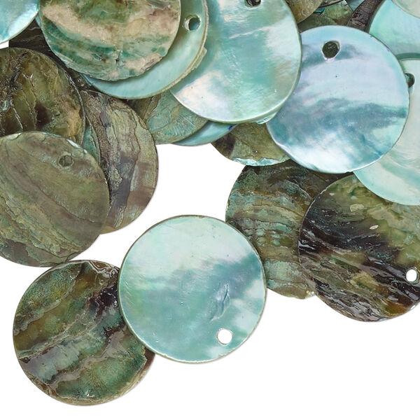 Drop, mussel shell (dyed / coated), blue, 15mm flat round. Sold per pkg of 100. image number 0