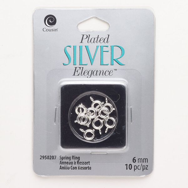 Clasp, springring, "pewter" (zinc-based alloy), pkg/10, silver finish, 6mm round. image number 0