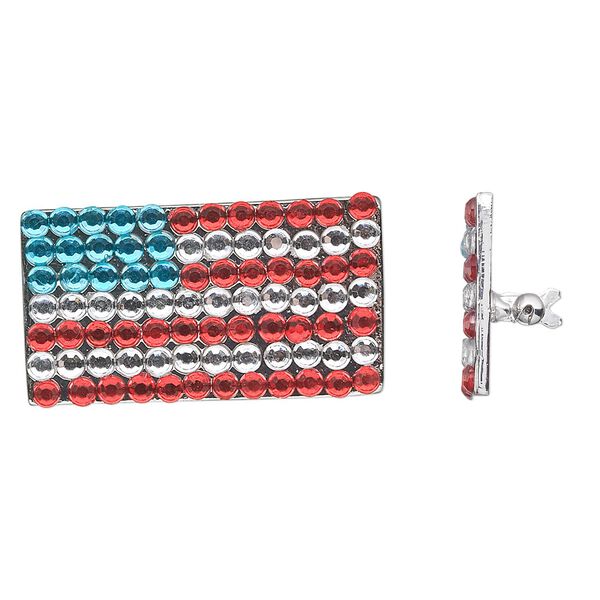Brooch, plastic rhinestone and rhodium-finished "pewter" (zinc-based alloy), red / white / blue, 39x22mm USA flag. Sold individually. image number 0