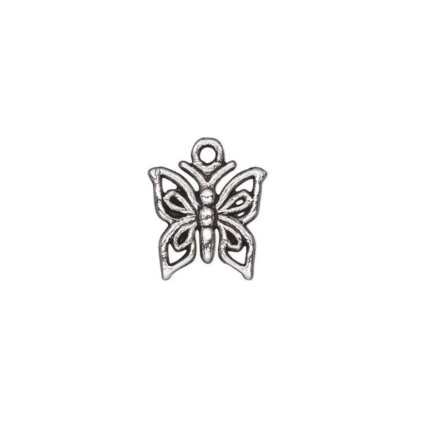 Charm, antique silver-plated "pewter" (zinc-based alloy), 12x12mm single-sided butterfly. Sold per pkg of 50. image number 0