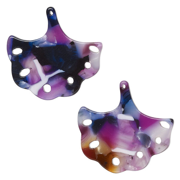 Charm, resin, purple / dark purple / white, 23x22mm ginkgo leaf with cutouts. Sold per pkg of 8. image number 0