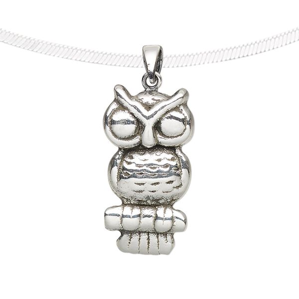 Pendant, antiqued fine silver, electroformed, 25x13mm single-sided owl. Sold individually. image number 0
