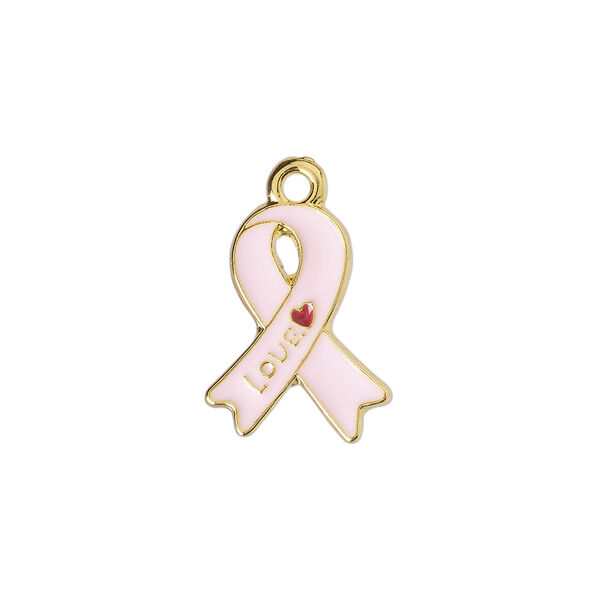 Charm 1pkg4, gold-finished "pewter" (zinc alloy) / enamel, pink / red, 18x14mm "Love" / awareness ribbon image number 0