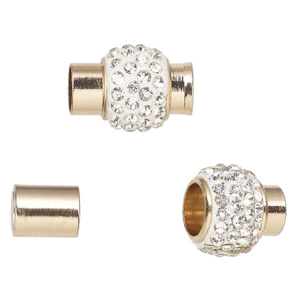 Clasp, magnetic, gold-finished brass / glass / epoxy, clear and white, 14x11mm barrel with glue-in ends, 7mm inside diameter. Sold per pkg of 2. image number 0