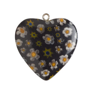 Focal 1pkg1, millefiori glass / silver-finished steel, opaque / translucent multicolored, 29-31mm puffed heart.