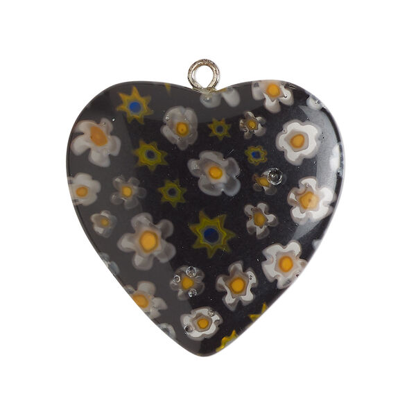 Focal 1pkg1, millefiori glass / silver-finished steel, opaque / translucent multicolored, 29-31mm puffed heart. image number 0