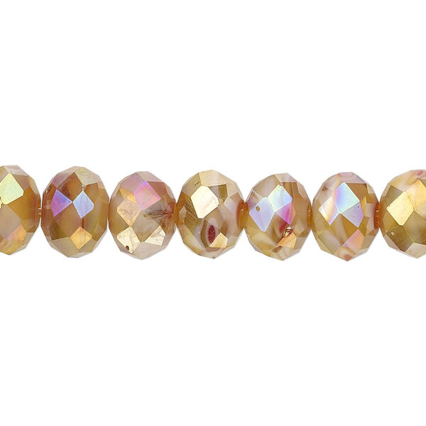 Bead, millefiori glass, opaque marbled amber yellow AB, 9x6mm faceted rondelle. Sold per 8-inch strand, approximately 30 beads. image number 0