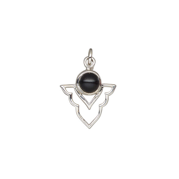 Drop, antiqued sterling silver and black onyx (dyed), 15.5x14mm single-sided open arrowhead. Sold individually. image number 0