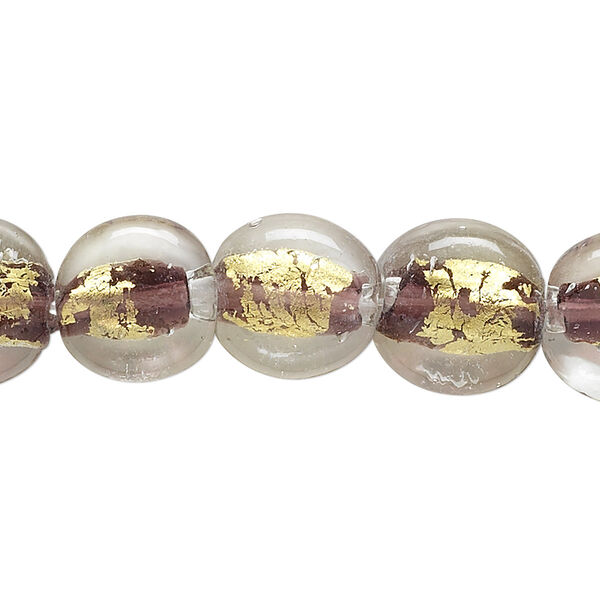 Bead, lampworked glass, purple and clear with gold-colored foil, 12mm flat round. Sold per 15-1/2" to 16" strand. image number 0